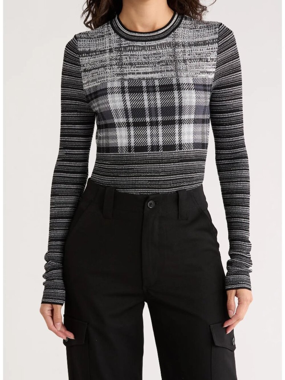 Desigual Mixed Stripe Long Sleeve Crop Top in Black